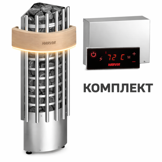 Электрокаменка Harvia Glow Corner TRC90EE с пультом Xafir и ограждением с подсветкой